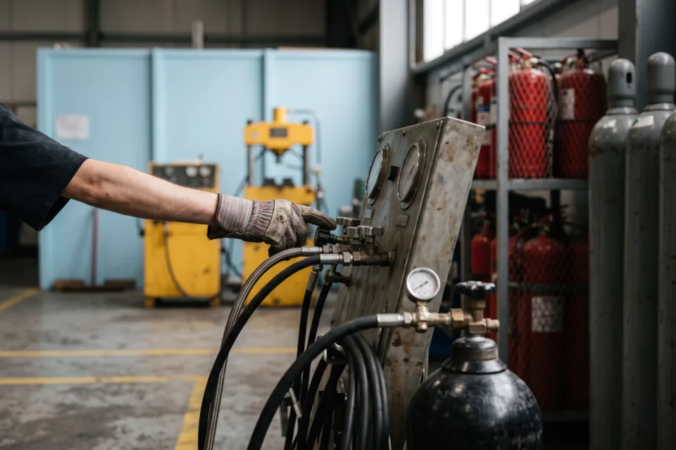 Panneau de chargement d'air avec manomètres et flexibles, bouteille composite en charge