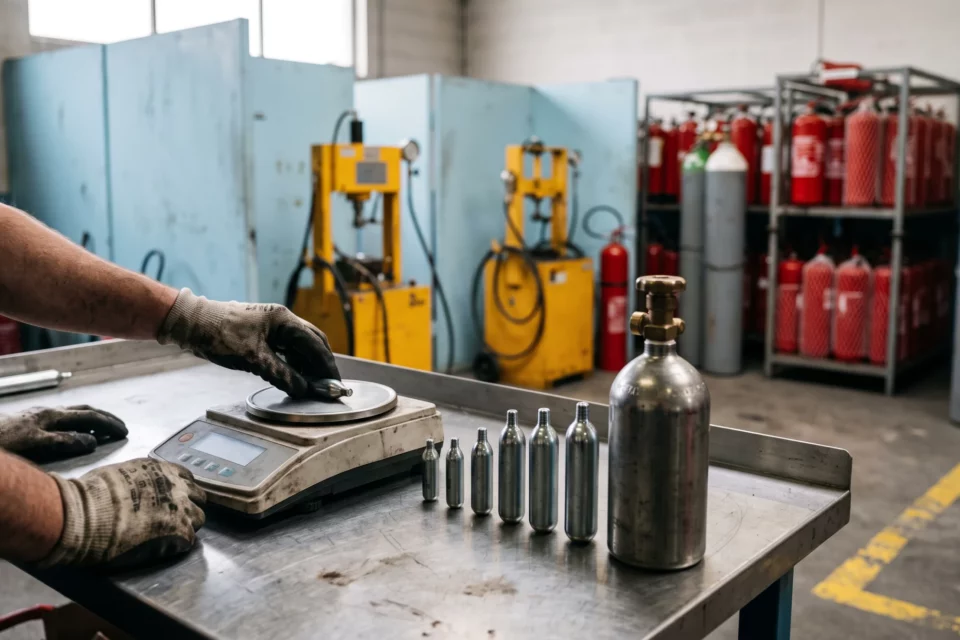 Pesée d'une cartouche CO2 sur une balance de précision à l'atelier