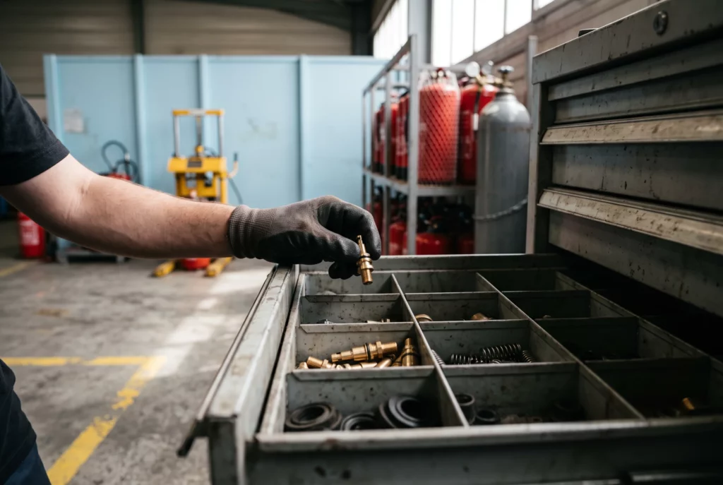 Tiroir de pièces de vannes en laiton rangées par casiers, une main gantée saisit un pointeau