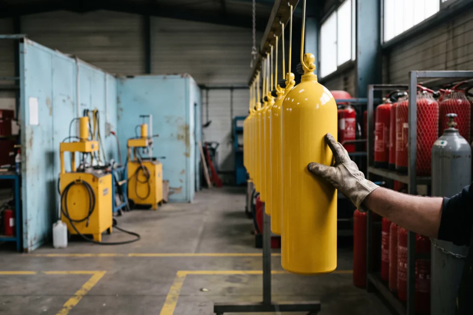 Bouteilles de plongée jaunes fraîchement peintes, suspendues pour le séchage