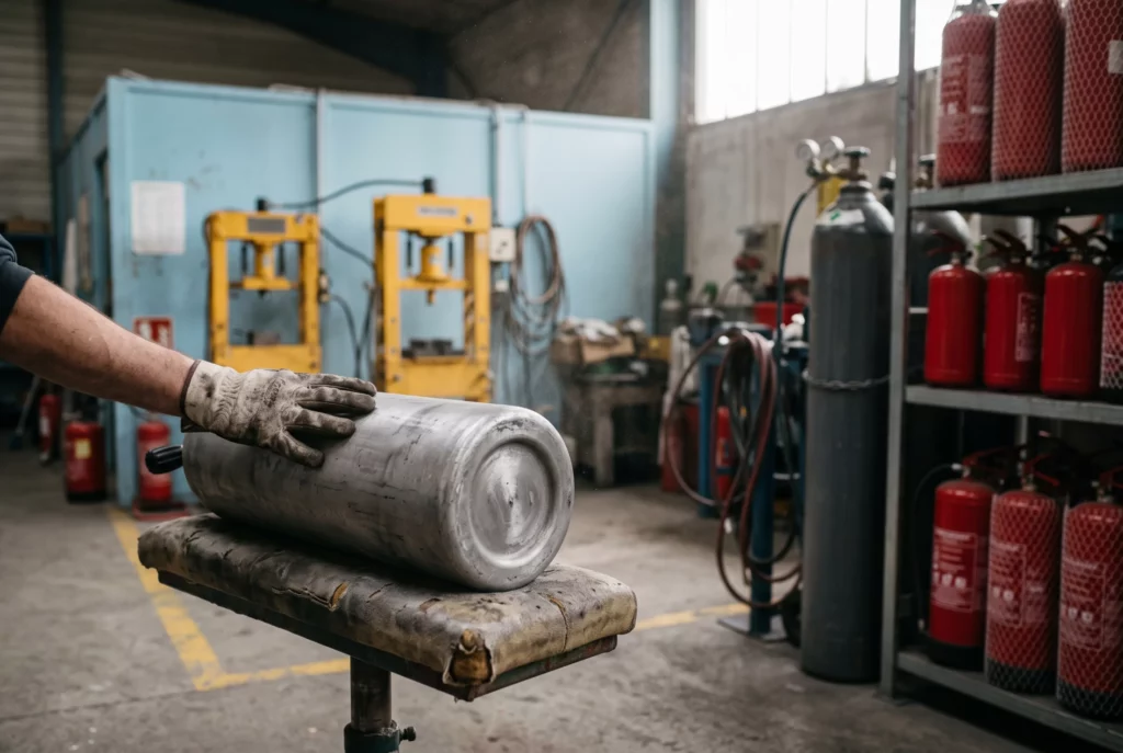Bouteille de plongée décapée posée sur un support à l'atelier