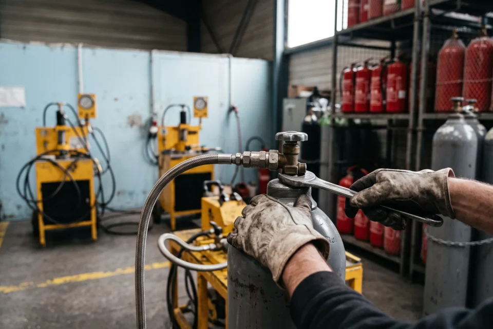 Raccordement d'une bouteille CO2 d'installation fixe au banc d'épreuve hydraulique jaune