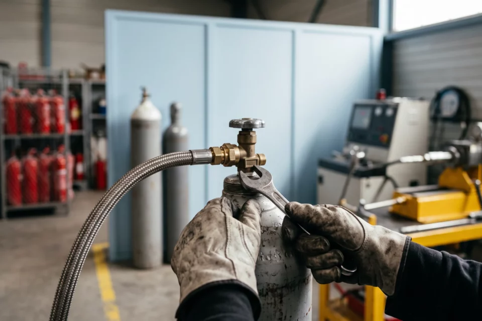 Serrage du raccord haute pression sur le robinet d'une bouteille avant l'épreuve hydraulique