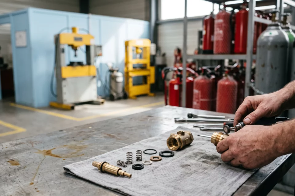 Remontage d'une vanne en laiton sur l'établi, joints et ressorts alignés