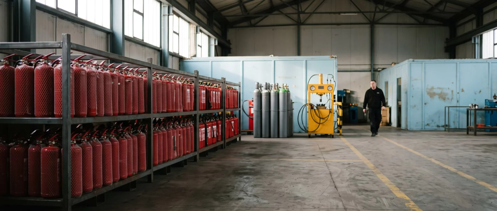 Vue large d'un atelier de requalification rangé : rayonnages de corps d'extincteurs rouges, cloisons bleu clair, banc d'épreuve jaune et bouteilles grises.