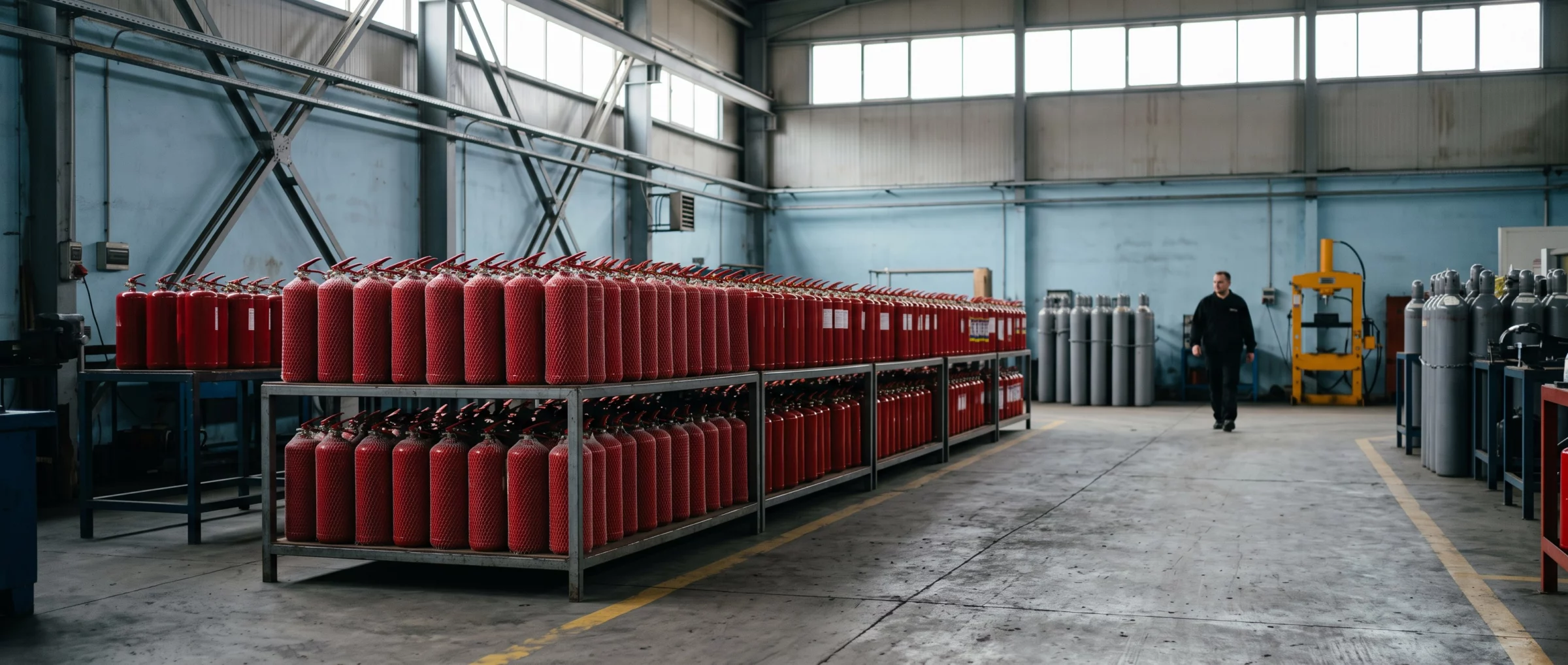 Allée de l'atelier : rayonnage de corps d'extincteurs rouges et rangée de bouteilles grises.