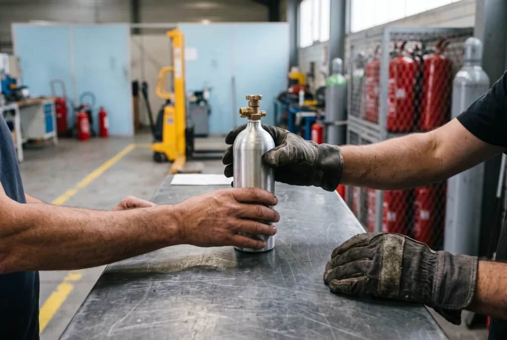 Un client dépose une bouteille CO2 d'aquarium au comptoir de l'atelier