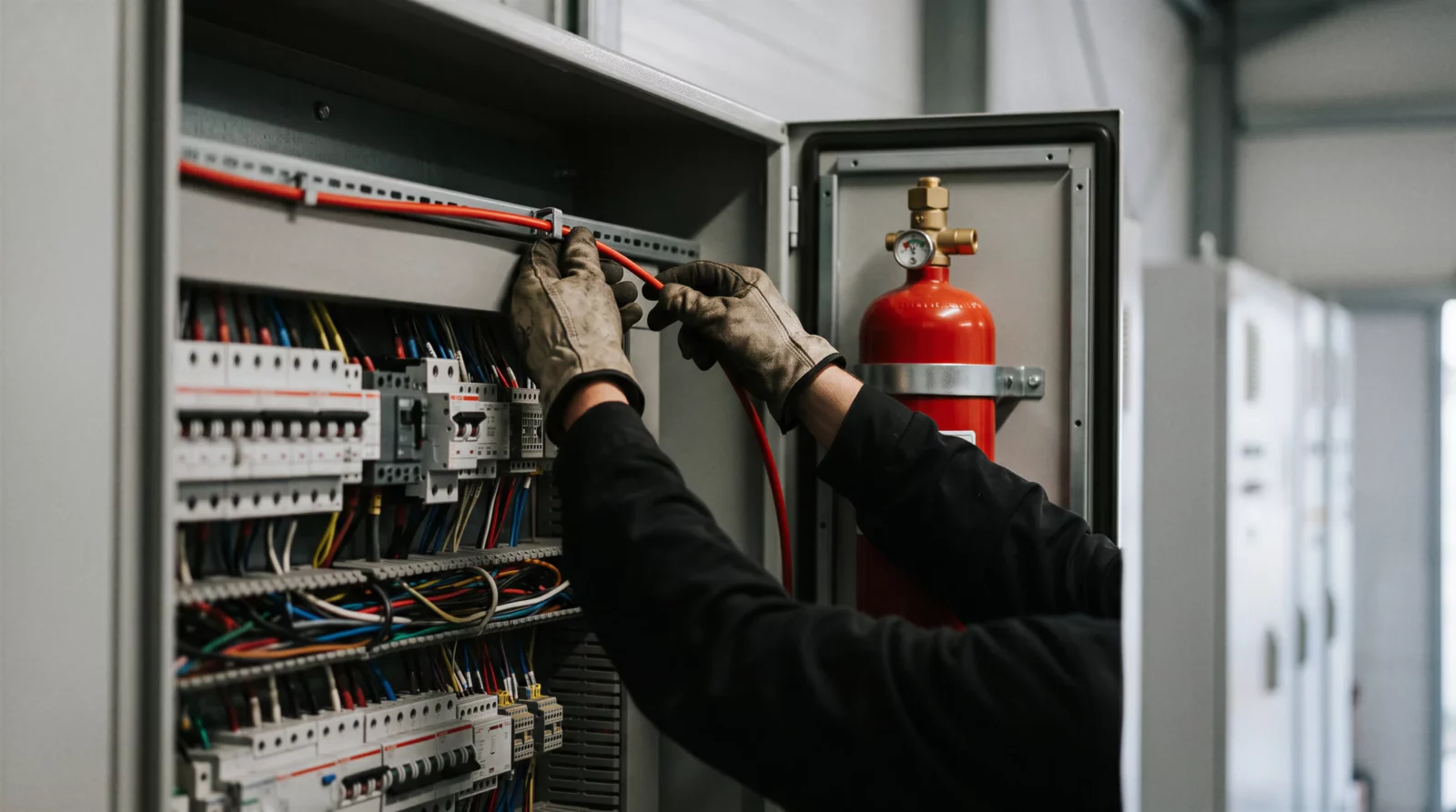 Mains gantées d'un technicien qui fixent un tube détecteur rouge en haut d'une armoire électrique ouverte, réservoir d'agent extincteur dans la porte