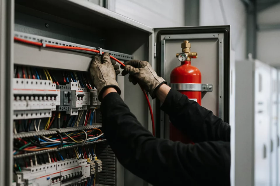 Mains gantées d'un technicien qui fixent un tube détecteur rouge en haut d'une armoire électrique ouverte, réservoir d'agent extincteur dans la porte