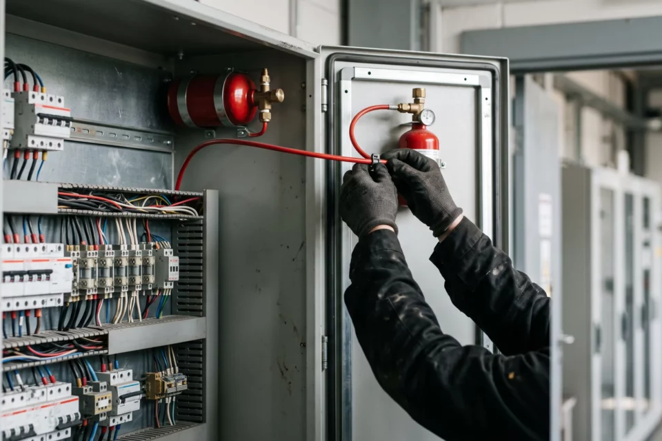 Technicien qui raccorde le tube détecteur au réservoir d'agent extincteur fixé dans une armoire électrique