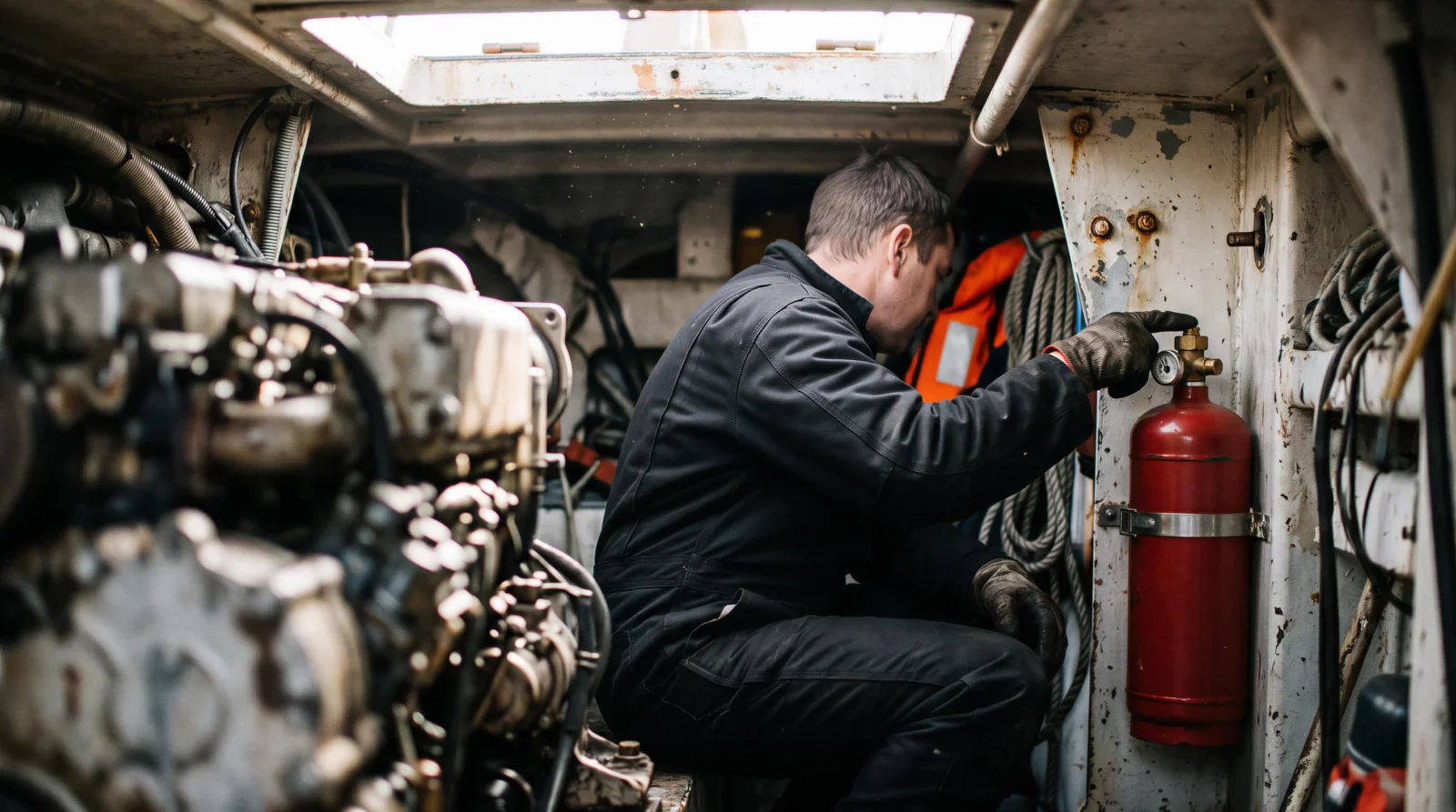 Technicien qui contrôle le réservoir d'une installation fixe dans la cale moteur d'un bateau de pêche