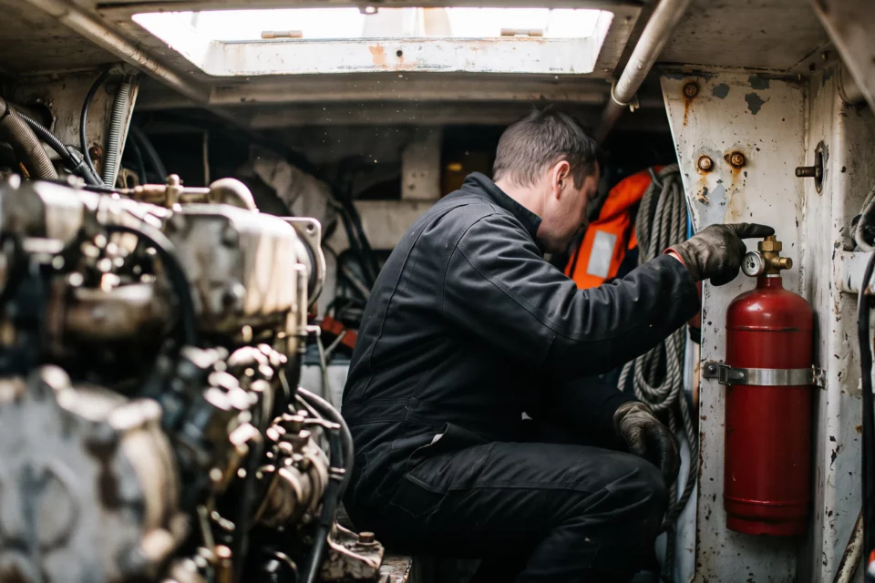 Technicien qui contrôle le réservoir d'une installation fixe dans la cale moteur d'un bateau de pêche