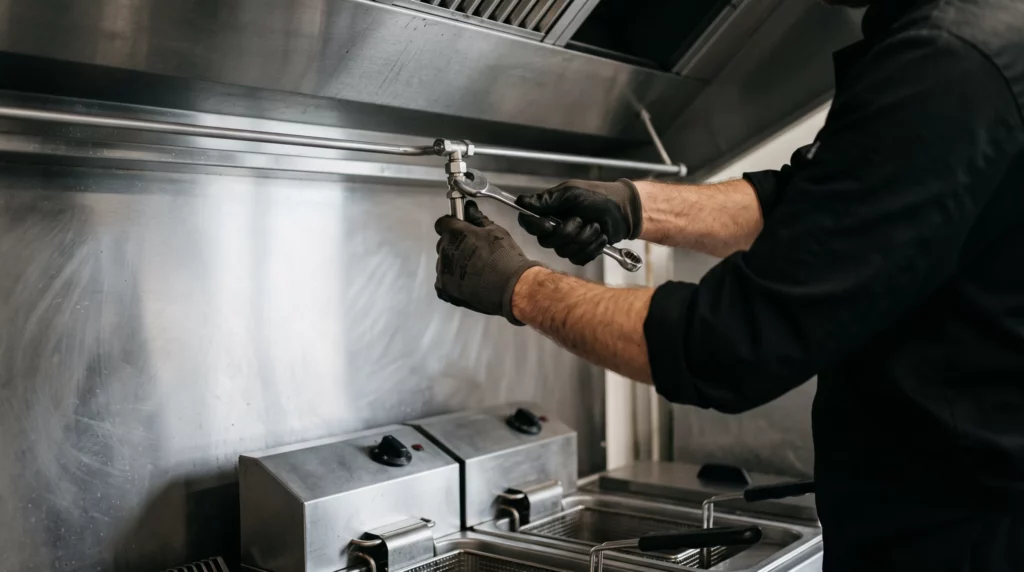 Pose du réseau de diffusion dans la hotte en inox d'une cuisine professionnelle
