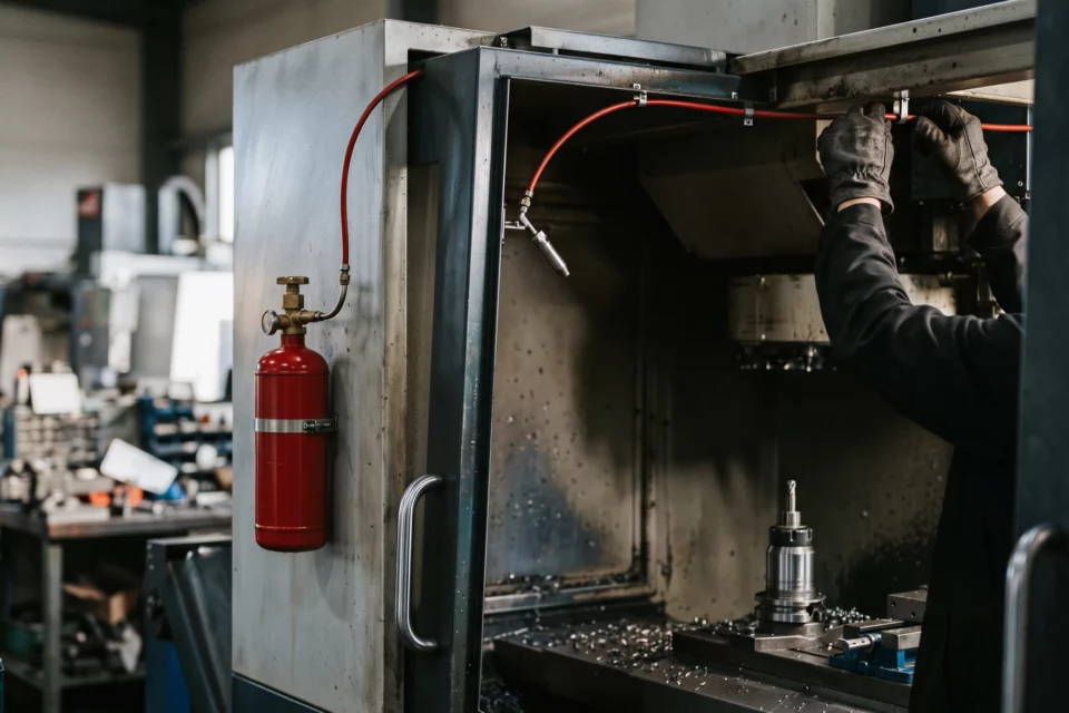 Pose d'un tube détecteur rouge sous le toit d'un centre d'usinage, réservoir rouge fixé sur le flanc de la machine