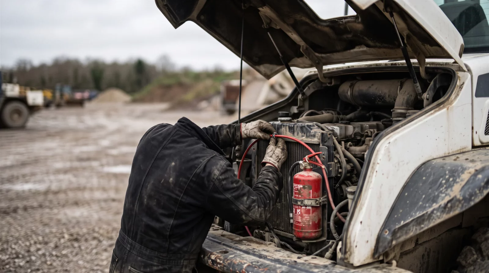 Pose d'un tube détecteur dans le compartiment moteur d'un engin de chantier, réservoir rouge fixé contre le moteur