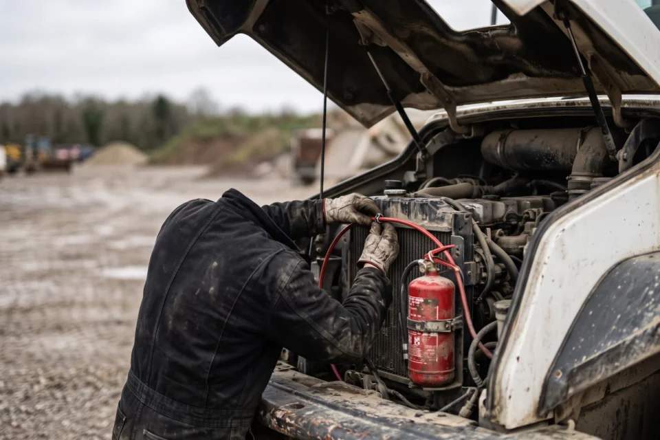 Pose d'un tube détecteur dans le compartiment moteur d'un engin de chantier, réservoir rouge fixé contre le moteur