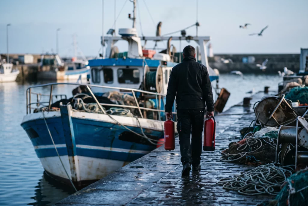 Quai d'un port de pêche, extincteurs livrés à bord