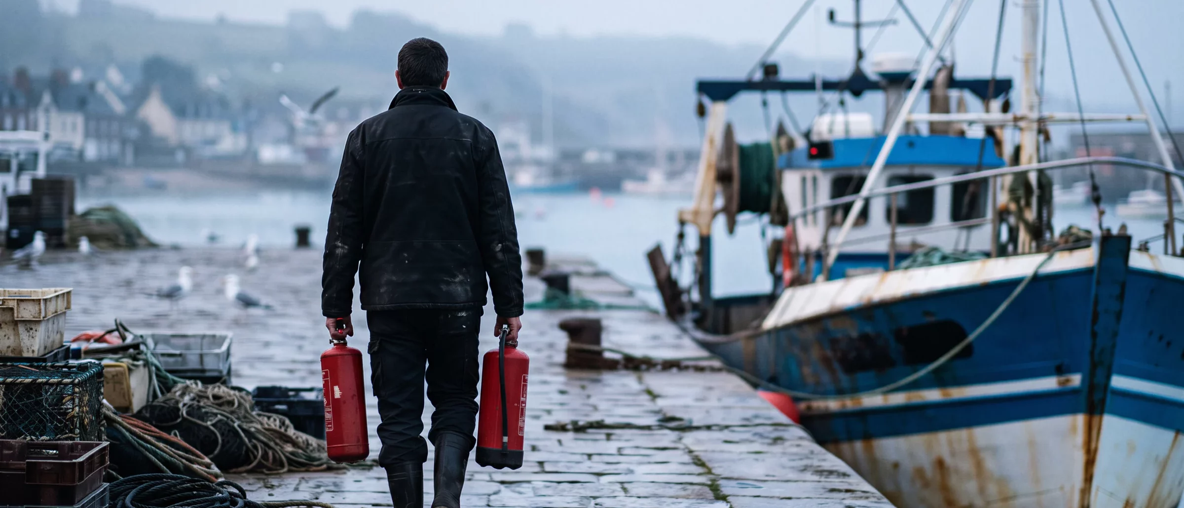 Technicien qui rejoint un chalutier à quai, un extincteur dans chaque main