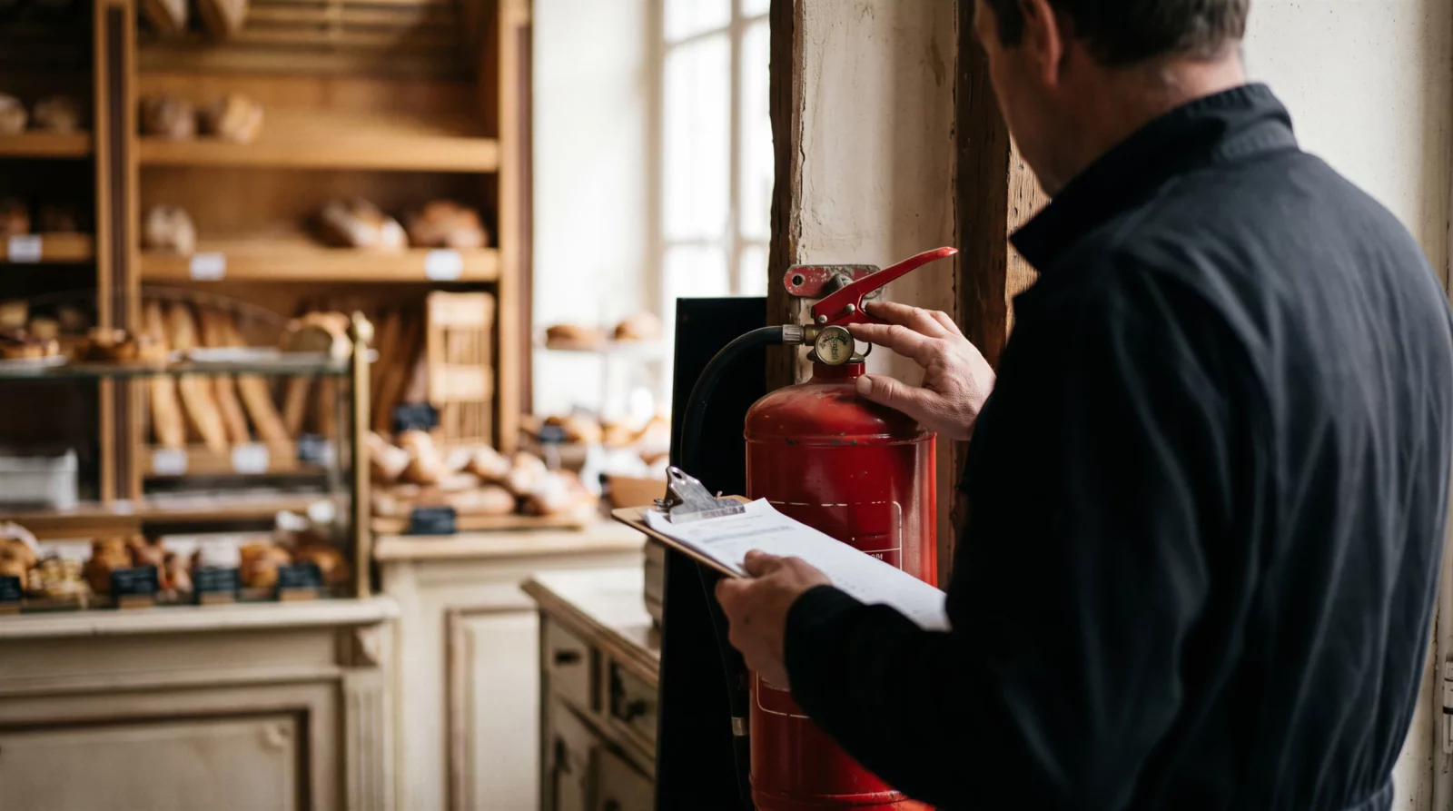 Vérification d'un extincteur dans une boulangerie : le technicien contrôle l'appareil et remplit sa fiche