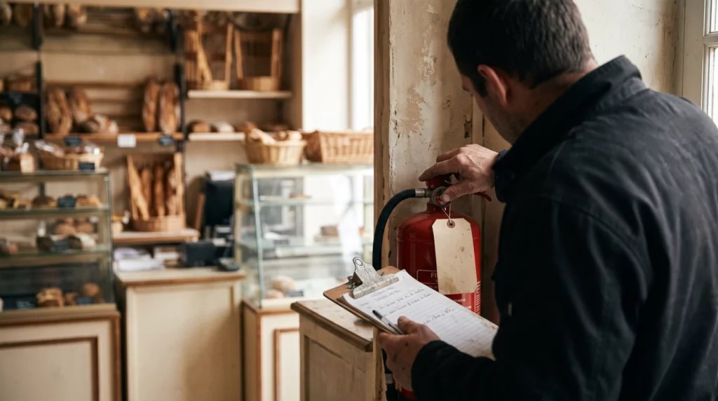 Technicien qui renseigne la fiche de vérification d'un extincteur dans un commerce